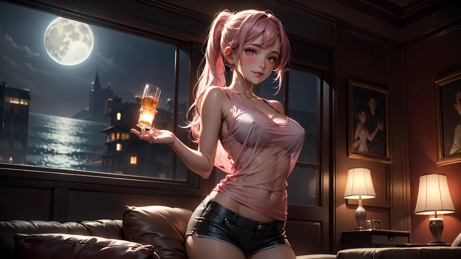 ((Night, Realistic Light, Best Quality, 8K, Masterpiece: 1.3)), 1girl, Slim Beauty: 1.4, Abs: 1.1, (Pink hair, Medium breasts: 1.3), Long pink sweater: 1.1, Bathroom, Super fine face, Delicate green  eyes, Double eyelids, smile, necklace