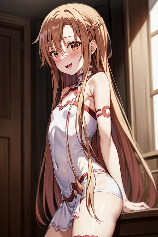 ((Best Quality)), ((masterpiece)), (be familiar with), Perfect Face, indoor, bedroom, Watching the audience,
One woman, Yuuki Asuna,
Open Mouth, Ecstatic expression, blush, smile,
Small breasts, Flat Chest, , , child, Girl,
Long Hair, Long Hair,
Leg spread,