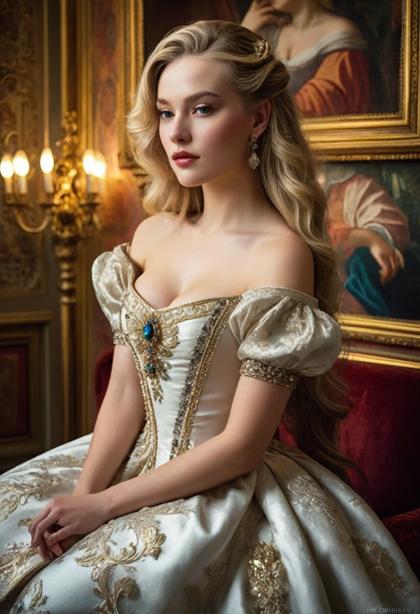 a beautiful young woman with long blonde hair, voluptuous figure, sensual expression, detailed face, intricate hairstyle, porcelain skin, delicate features, elegant posture, thoughtful gaze, detailed fashion, luxurious dress, flowing fabric, sumptuous jewelry, ornate accessories, opulent background, lavish setting, renaissance-style painting, dramatic lighting, rich color palette, masterfully rendered, photorealistic, 8k, highest quality