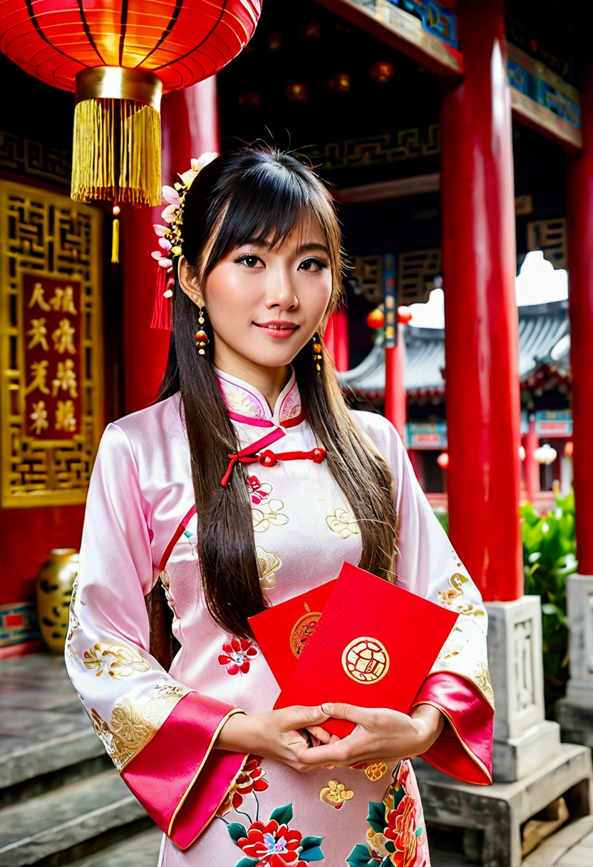 beautiful Chinese woman 28 yrs, long straight hair with bangs, wearing a beautiful modern Chinese traditional dress in pink, white, floral motif, hand holding red angpao with gold text (angpao a red envelope gift,, (Idols style) ) standing in front of the temple, there are professional barongsai players, afternoon, there is a red lantern, Calm and comfortable atmosphere, Chinese New Year Celebration,
high resulotion, 8K, UHD, perfect do, best Quality master piece, hyper realistic skin texture,