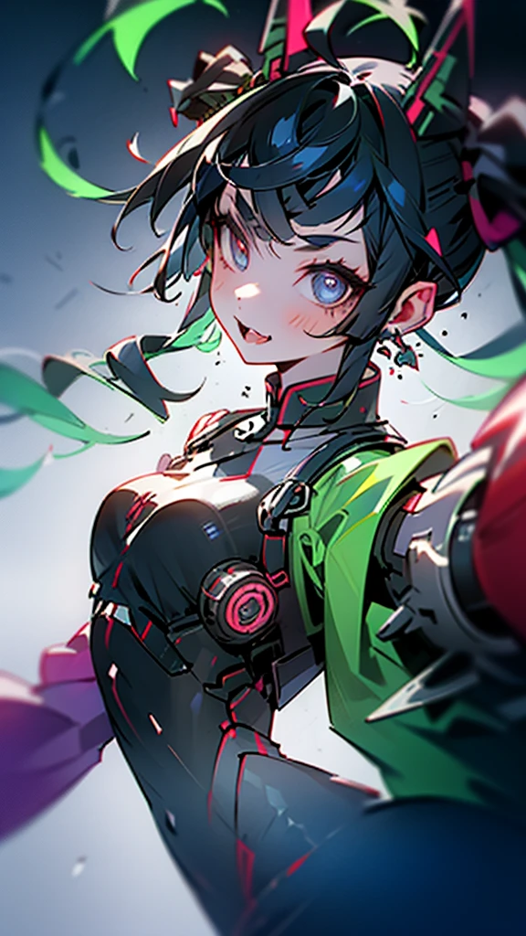 High resolution, 1人のgirl, High detail, The fangs are sharp, Gaze, Crazy Eyes, Cyberpunk themed、girl、Cyber City、Cyber Art、Neon Colors、Fluorescent color、