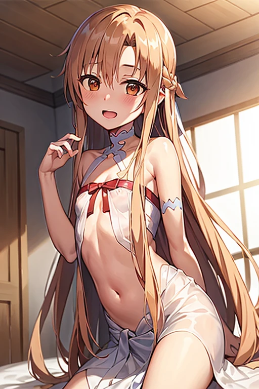 ((Best Quality)), ((masterpiece)), (be familiar with), Perfect Face, indoor, bedroom, Watching the audience,
One woman, Yuuki Asuna,
Open Mouth, Ecstatic expression, blush, smile,
Small breasts, Flat Chest, , , child, Girl,
Long Hair, Long Hair,
Leg spread,