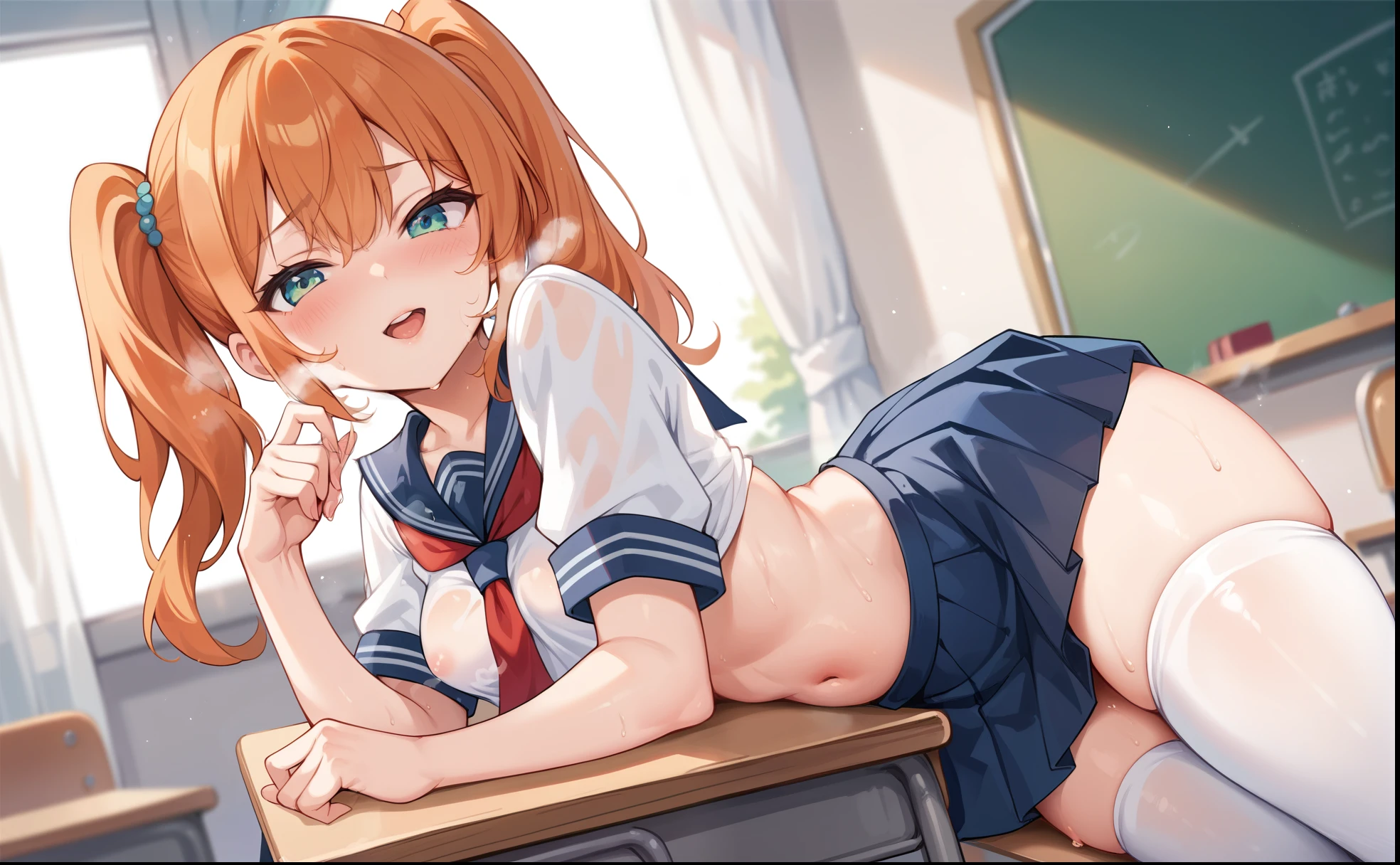 masterpiece,, alone, Yuuki Asuna, ((masterpiece)), High resolution,Bright orange hair、vapor、Spread your legs、classroom、Sailor suit、((Wet white panties))Sleep on the desk、Underboob