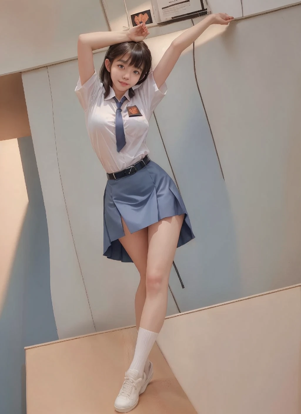 ((full body shot))、realistic,photorealistic,Super detailed,perfect shading,shiny skin,Big eyes、long eyelashes、Neat and clean hairstyle、smile、open your mouth、School Life,,girl,light smile,schoolyard、standing alone、Split pose with one leg raised、complete anatomy