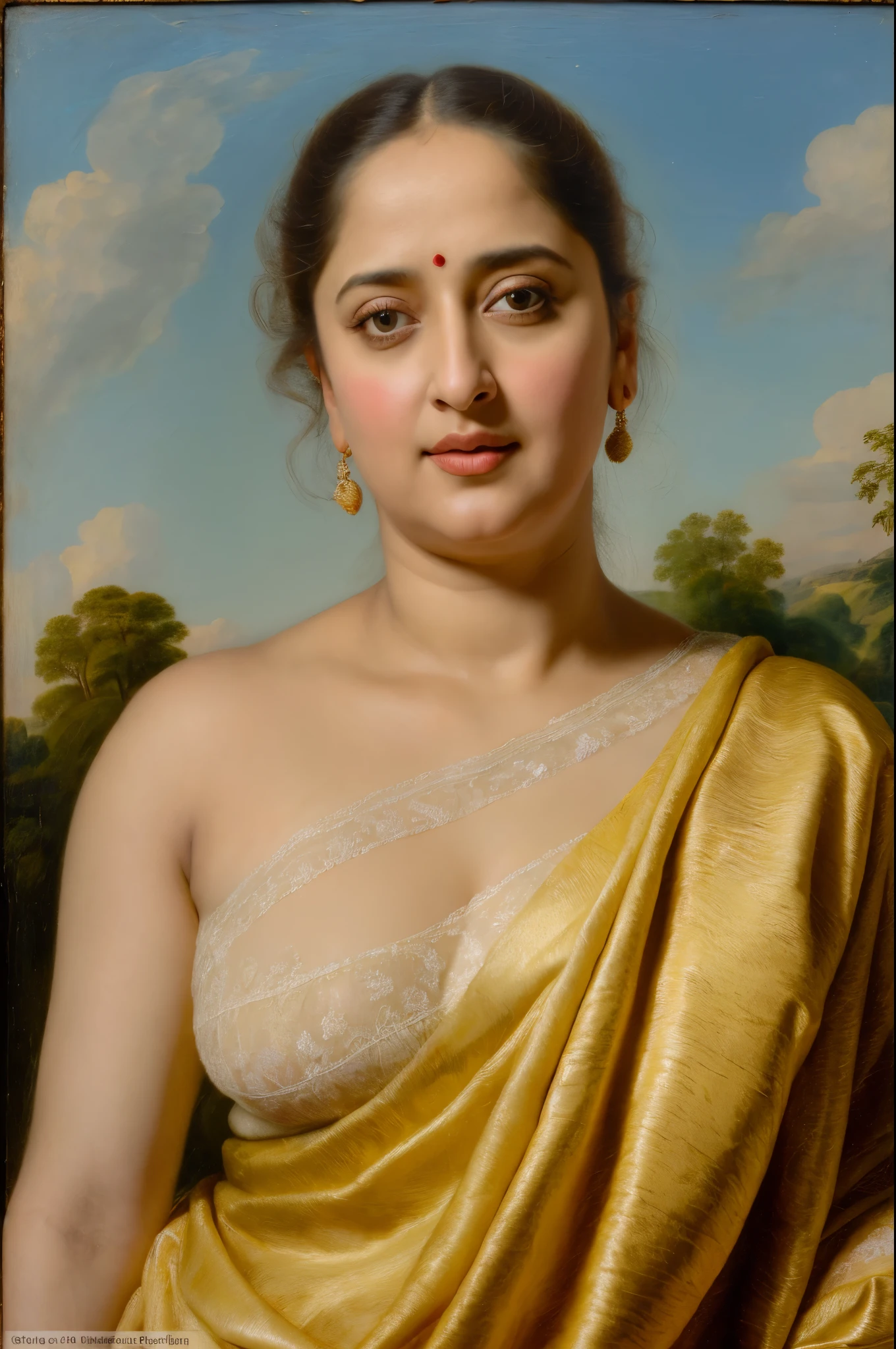 Looks like Nayanthara, exotic Indian art, inspired by oviyar maruthi style painting, inspired by mohanan manimala, Full figured beautiful woman, Apsara, Masterpiece, Beautiful Thick Woman, Best quality, high clarity eyes, critically flawless,sharp picture, Full portrait, High pixels, perfect face, perfect eyes, beautiful face, perfect hands,perfect fingers, in Peter Paul Rubens style, by Peter Paul Rubens, baroque style, acrylic on canvas, highly detailed, description: "Create a nymph inspired by the tales of Greek or Roman mythology, embodying the essence of a natural element or location, and possessing a unique ability or trait that sets her apart."