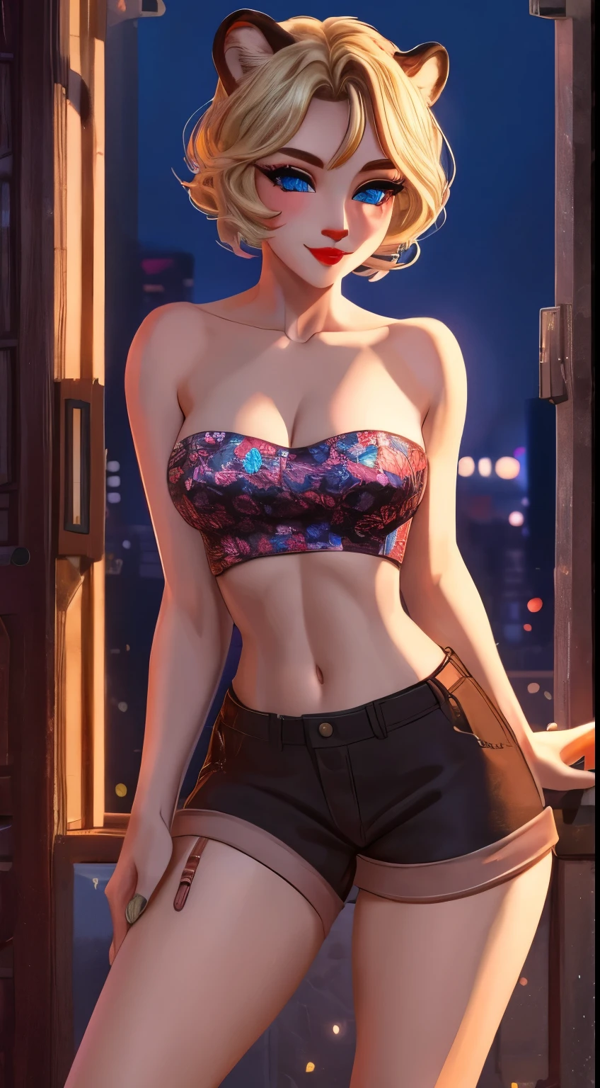 Supergirl, 20 years old, Beautiful woman short blonde hair,defined body,big breasts,big breasts,big breasts, red lipstick,lightly smiling,hands free,wearing open satin steal showing black lingerie supergirl symbol(lace bra(supergirl symbol), thong panties, lace garter belt and 7/8 lace sock),leaning against the bedroom door,