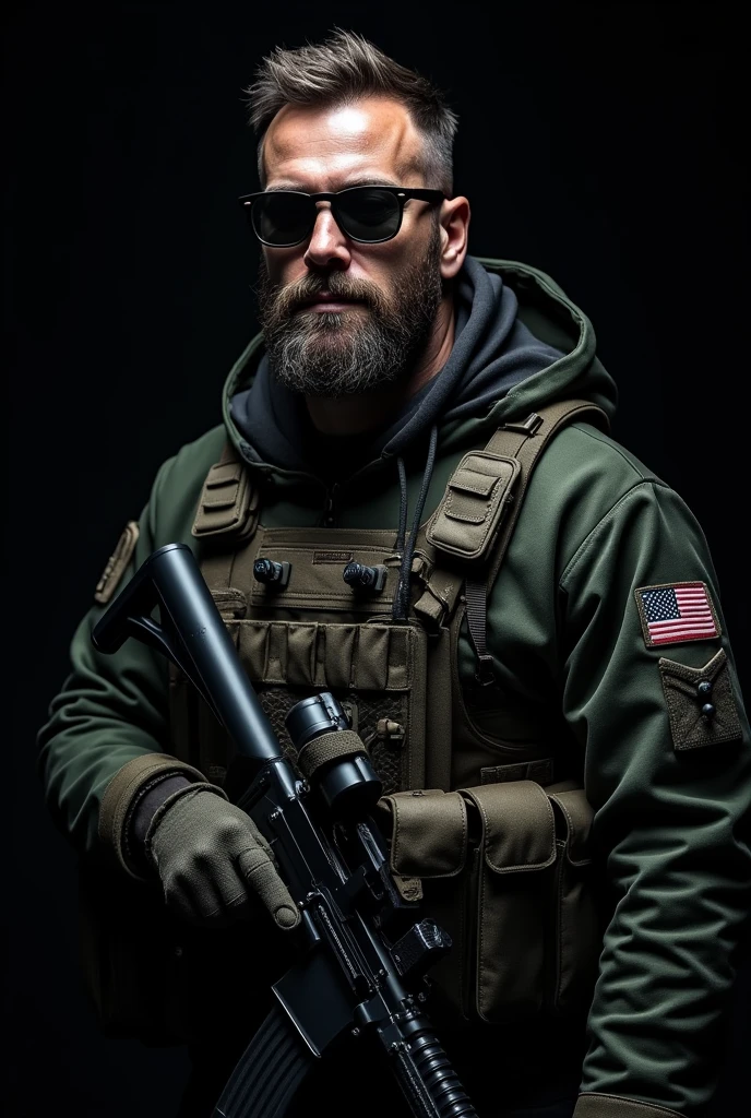 Homem branco, de barba, wearing goggles, cabelo curto com topete, usando camisa manga longa camuflada em preto e cinza, segurando um marcador de paintball, no estilo Disney Pixar