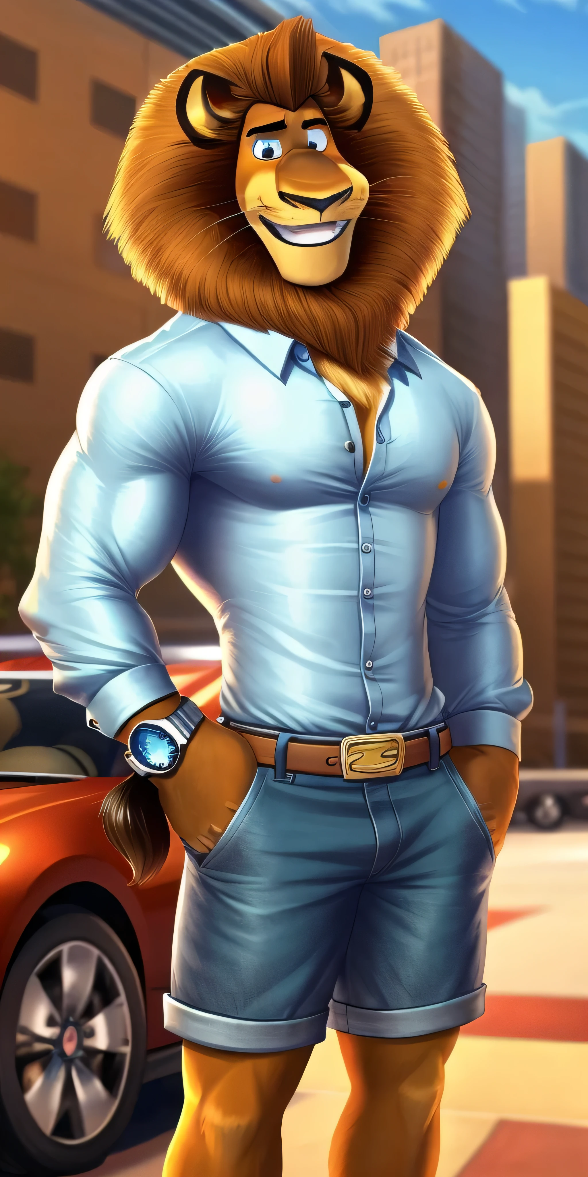 Alex the Lion, muscular body, big biceps, extremely beautiful and cute face, perfectly detailed blue eyes with perfectly detailed pupils, wears cyan shirt with long sleeves, denim cargo shorts with leather belt, fancy watch on his right wrist, hands in pockets, parking background, standing around a luxury car, selfie, gentle look, cute smiling, radiant smile, radiant, cute, handsome, beautiful, kind, sweety, naughty, alpha male, extremely charismatic, friendly, simply irresistible, attractive, charming, confident, super good looking, hot, sexy, gently looking at viewer, super detalization, perfect detalization, perfectly detailed