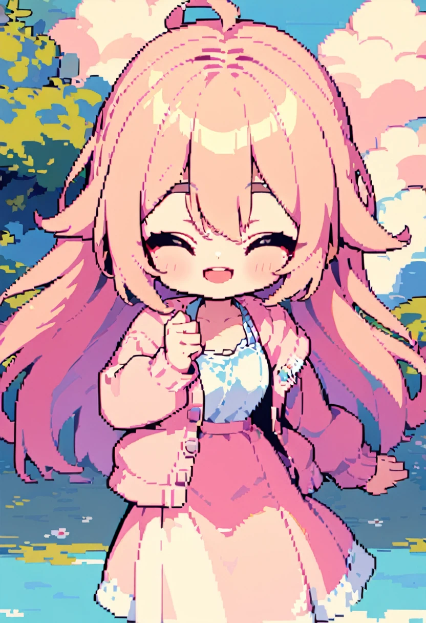 (masterpiece, Best Quality:1.3, 16k, Beautiful and detailed, Pixel Art:0.6, Vivid, woman, 若いwoman, smile, Close your eyes, cute, Open your mouth, Fluffy hair like a cloud, Long Hair, Pink Hair, eyebrow, 太いeyebrow, Pointing the index fingers of both hands:1.5, Pink dress, Blue cardigan)