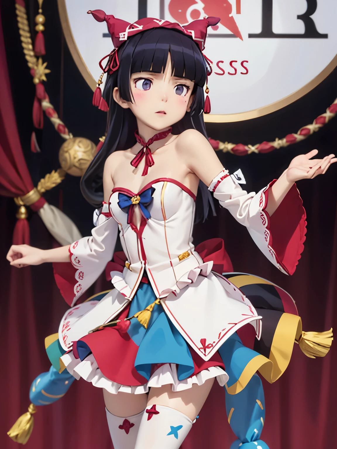 ruri gokou、masterpiece, high quality, Long Hair, Black Hair, 1 girl, (j3stdr3ss)),Clevis,Exposing shoulders,Removed sleeve,Strapless,Tassel,Clown hat, Clown Dress, Dynamic pose