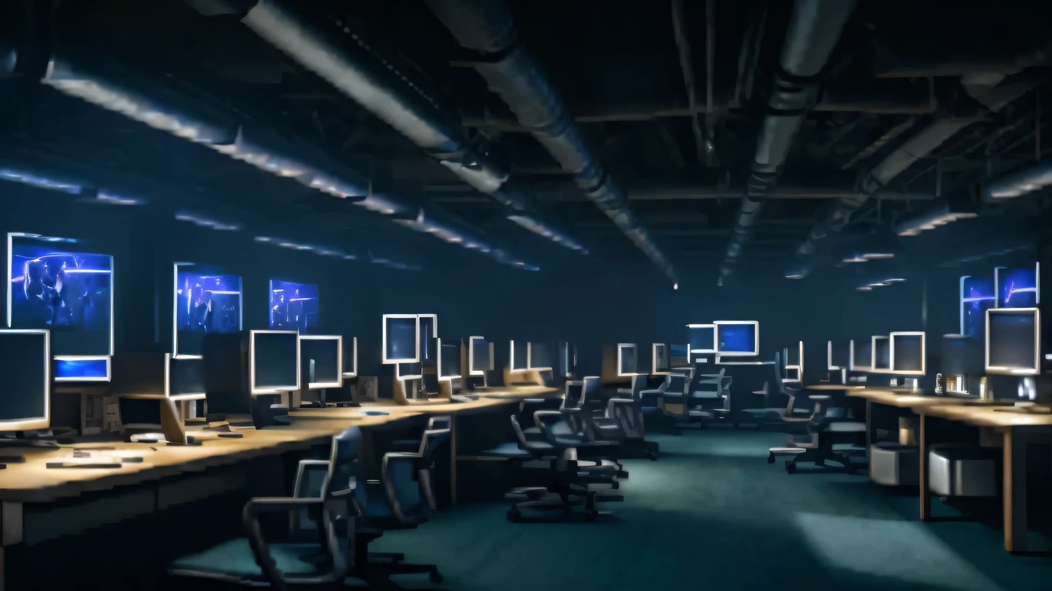 A dark room with many illuminated monitors