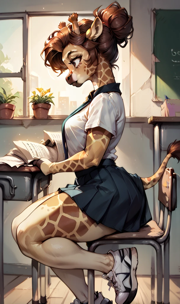 anthropomorphic giraffe woman, long fluffy brown hair, giraffe, small breasts, attractive, (student uniform, white sneakers), shapely body, giraffe tail, large thighs, large, freckles, freckles on face, beautiful eyes, (expression of concentration), she is in the classroom, sitting and writing in a notebook, (side view),