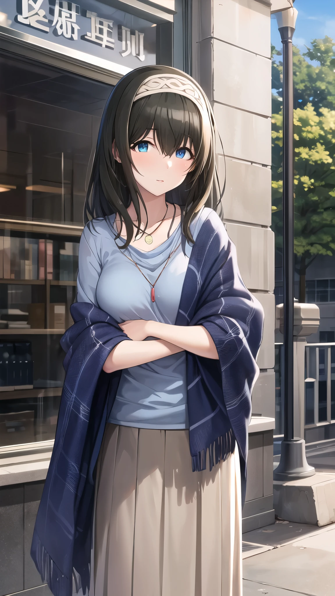 masterpiece, Best Quality, High resolution, aafumika, The Idolmaster, Long Hair, Hairbands, clavicle, necklace, Blue sweater, Blue shawl, Brown Skirt, Cowboy Shot, Standing, Outdoor,