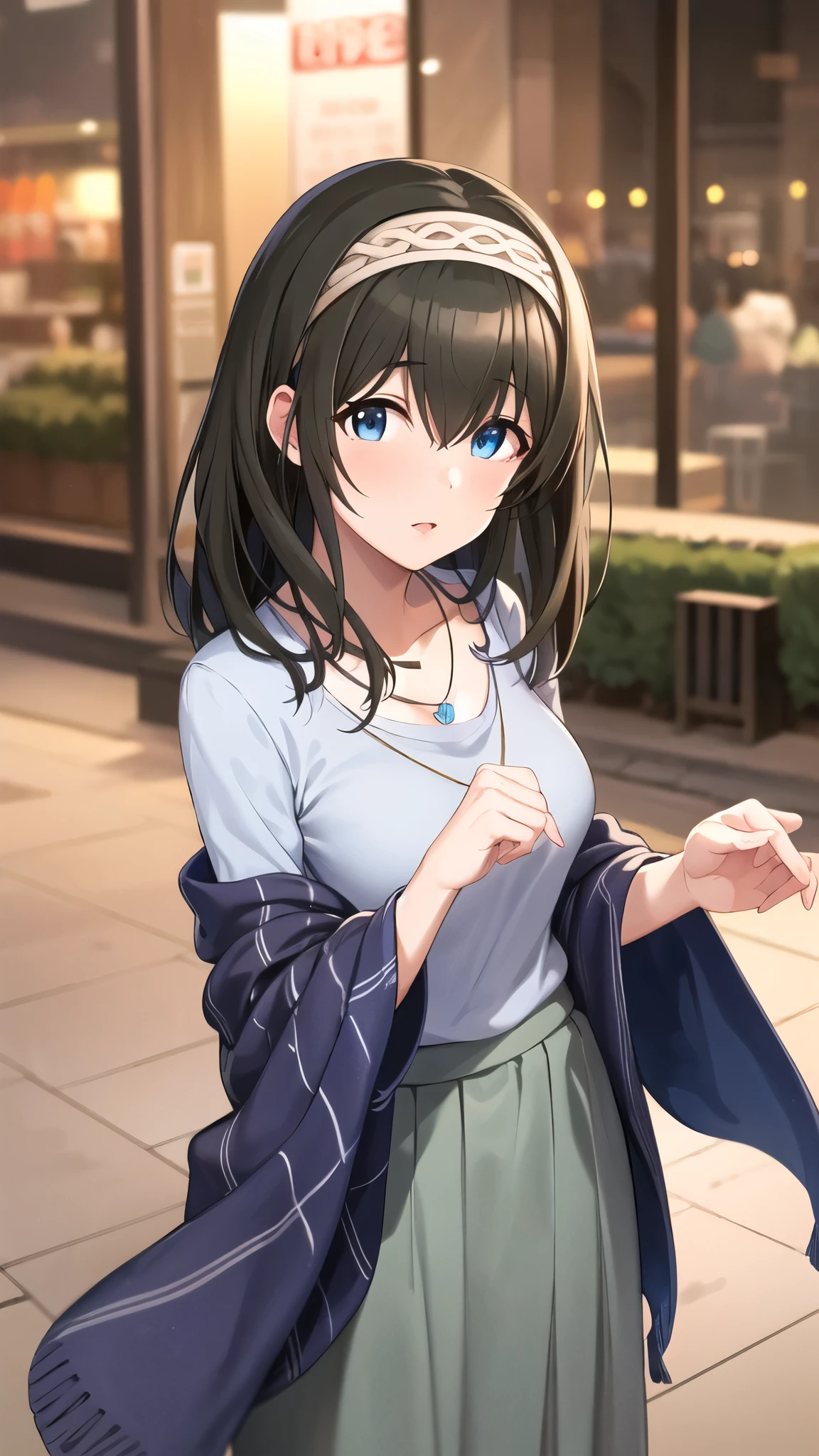 masterpiece, Best Quality, High resolution, aafumika, The Idolmaster, Long Hair, Hairbands, clavicle, necklace, Blue sweater, Blue shawl, Brown Skirt, Cowboy Shot, Standing, Outdoor,