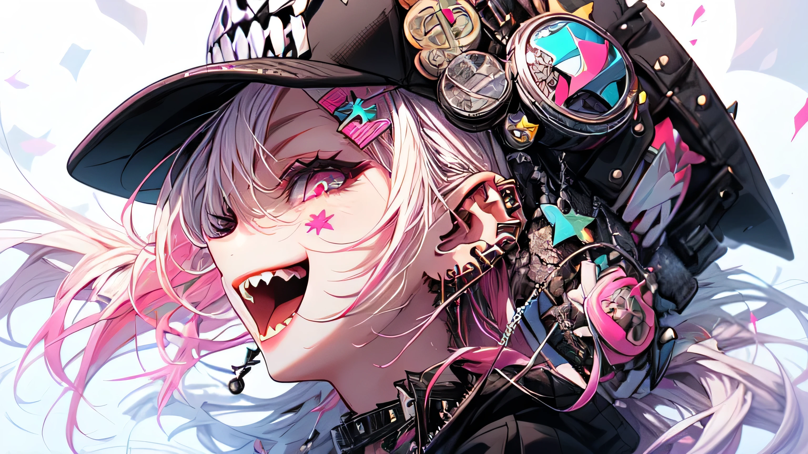 (masterpiece:1.2), best quality,PIXIV, beautiful Rebellious girl,portrait,
1girl, hat, open mouth, glossy lips, pink hair, solo, mischievous smile, long hair, white background, jewelry, badge, button badge, hood, pink eyes, earrings, simple background, harajuku inspired jacket, long eyelashes, from side, hood down, star (symbol), profile, upper body, clothes writing, zipper, collar, massive accentuated super huge enormously gigantic breasts, chain, sexy seductive, cherry blossoms blowing in the wind, hat ornament, piercing, barcode, portrait, sticker, hoodie, smile, spikes, baseball cap