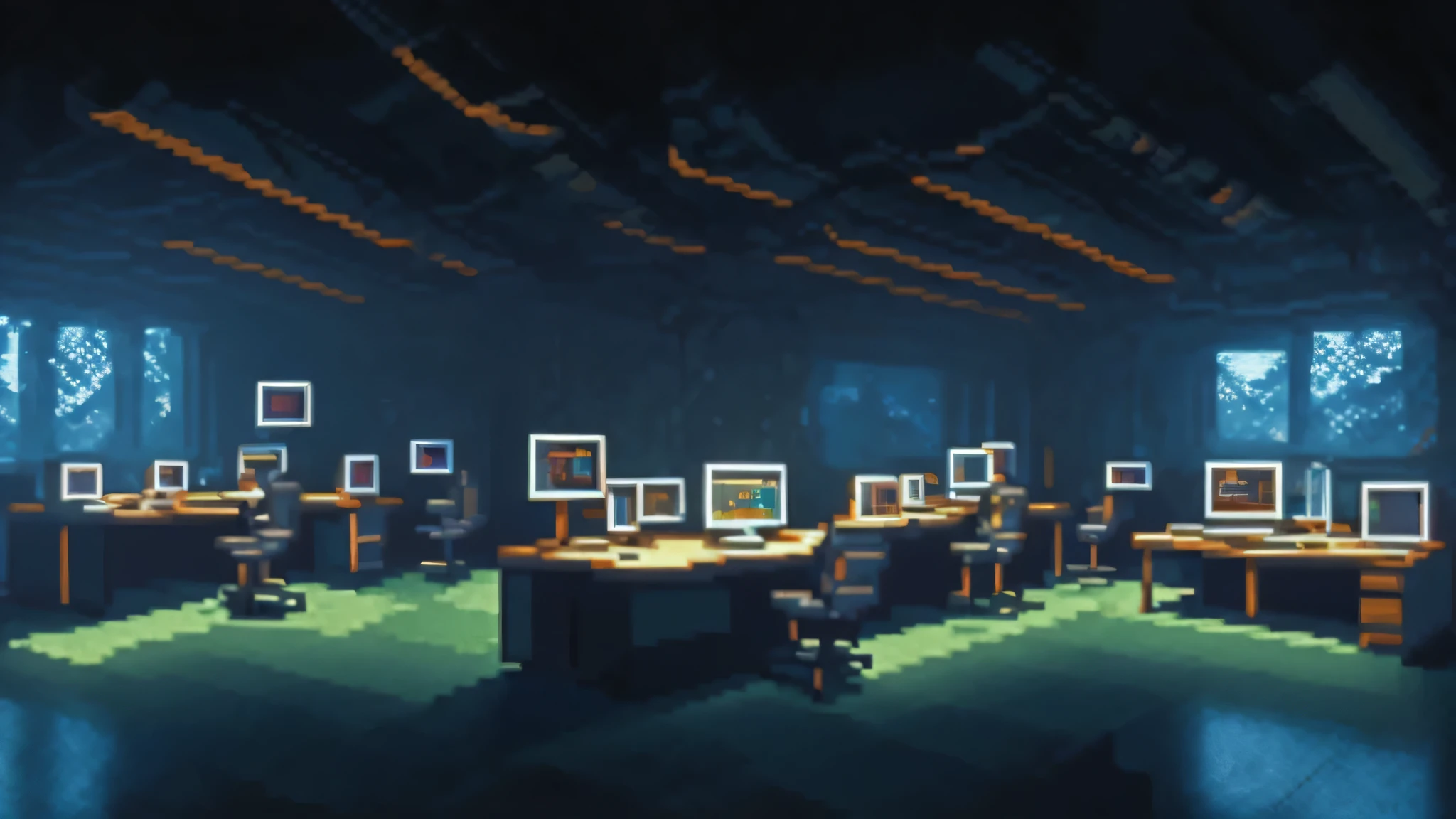 A dark room with many illuminated monitors,Pixel art