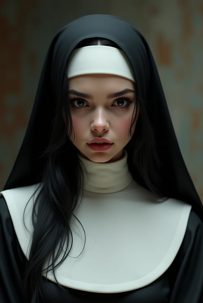 In the heart of a haunted abbey, a dark nun emerges from the shadows. With a sharp focus and unyielding determination, every detail of her ultra-detailed, photorealistic portrait comes to life in stunning 1.2 high resolution (best quality: 4K, 8K, highres, masterpiece). Her dark habit conceals a stark contrast of ominous shadows and dramatic lighting, heightening the horror and terrifying presence of this creepy and scary figure.
demonic eyes gleaming with an otherworldly intensity. Her sharp, angular features are subtly hinted at in the mist, ,(((very thin))) ,((Flat chest))