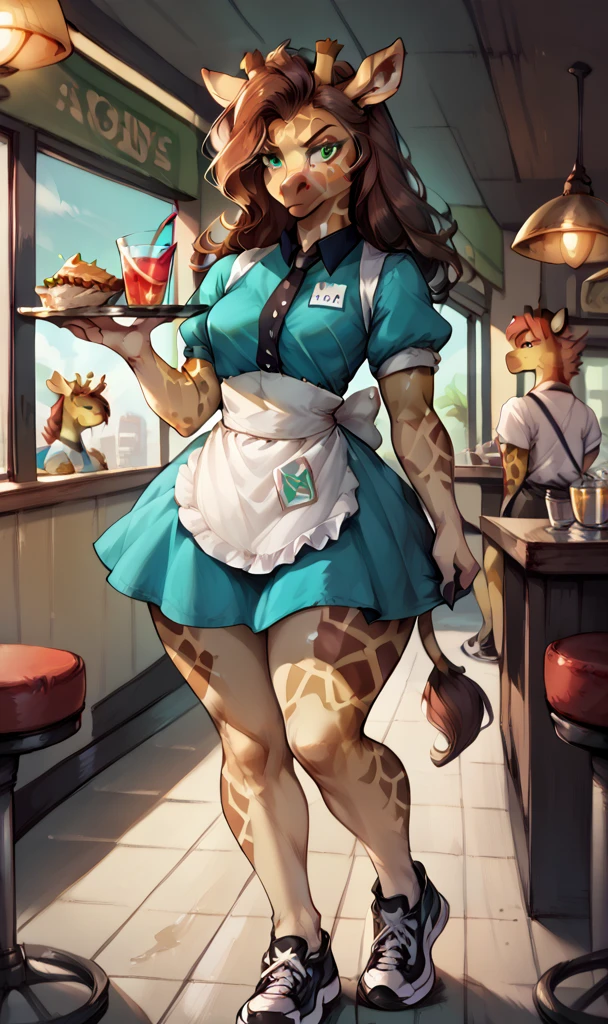 anthropomorphic giraffe woman, long fluffy brown hair, giraffe, small breasts, attractive, (waitress uniform, black sneakers), shapely body, giraffe tail, large thighs, large, freckles, freckles on face, green eyes, (serious expression), she is in a restaurant, holding a tray of drinks, (front view),