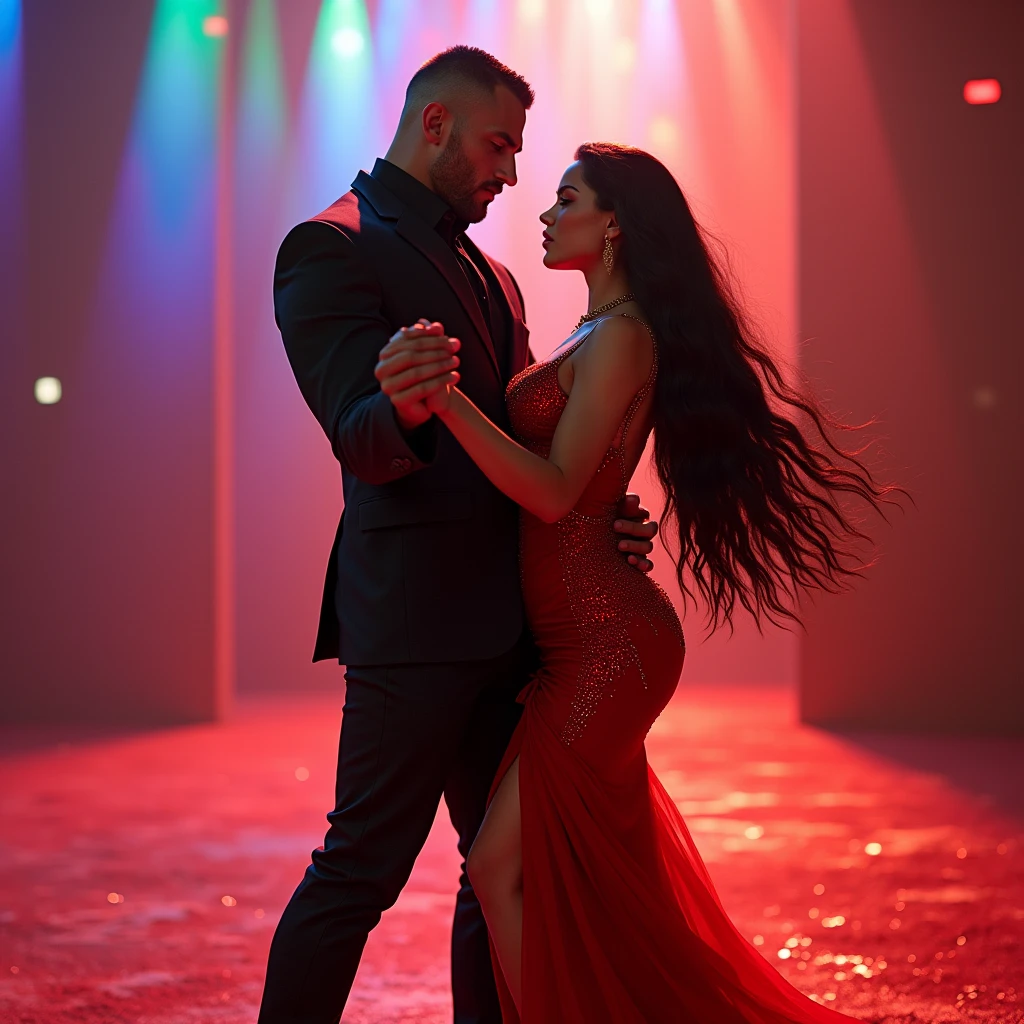 A young Puerto Rican man hairy bearded strong muscular red underwear bulge bulge, having his open underwear pulled down by a beautiful woman in red panties crouching in front of him, in performance on a stage of a television program presented by a famous presenter.