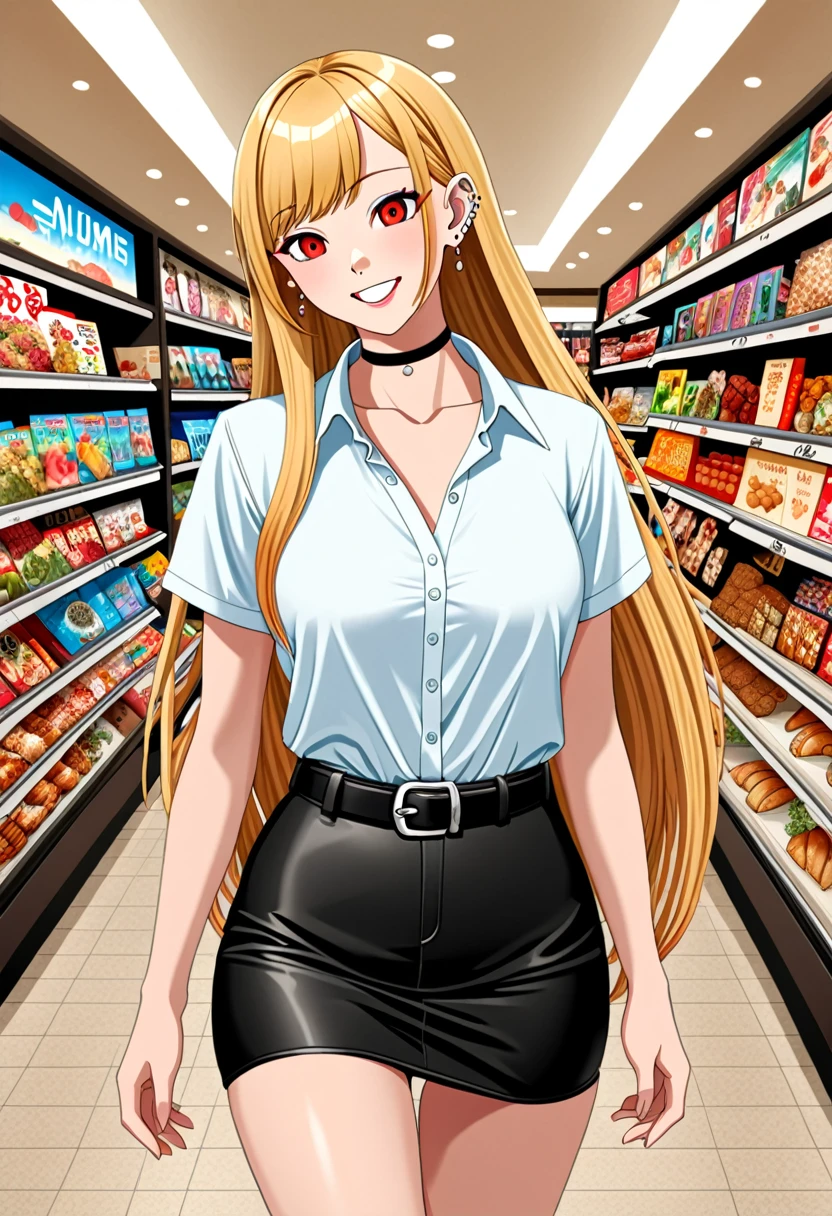 realistic anime illustration of young woman, (kitagawa_marin, blonde_hair, choker, ear_piercing, bangs, jewelry, earrings, very_long_hair, red_eyes, swept_bangs, multicolored hair), smiling at shopping mall, she wearing white short sleeve collared unbuttoned top shirt, black pencil mini skirt with belt, and loafer ((masterpiece:1.2), (best quality:1.2), (very aesthetic:1.2), (absurdres:1.2), (detailed background), intricate details, newest), (1girl, solo, full body), (japanese anime style)