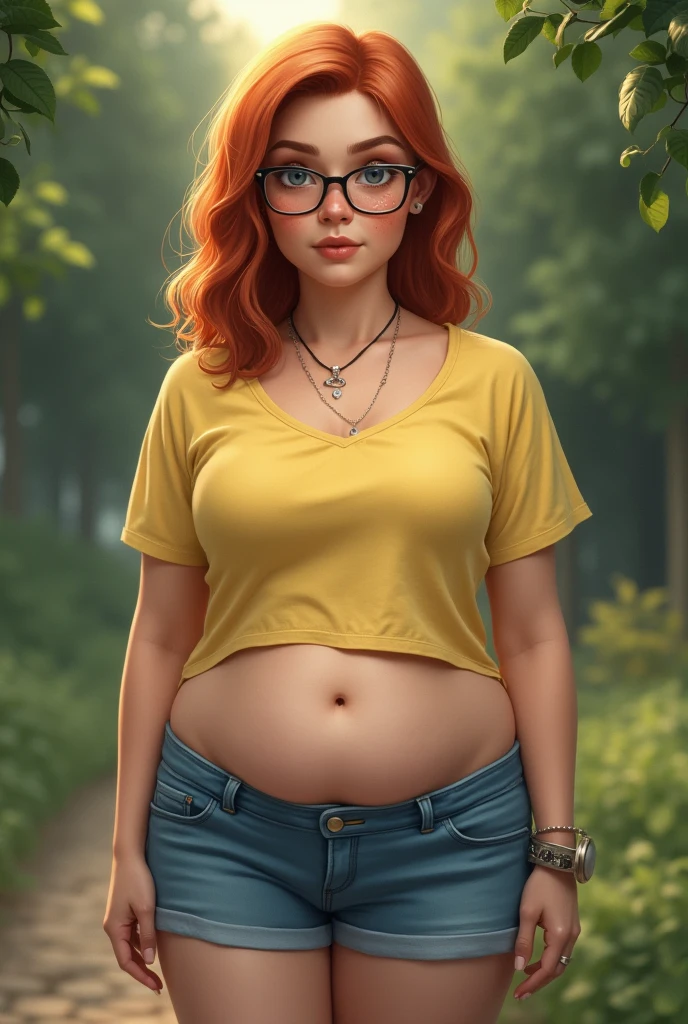 Christina Hendricks, red hair, topless, wearing blue jeans, massive breasts, leaning over, standing in meadow, pregnant, very pregnant, round belly, fully belly,
