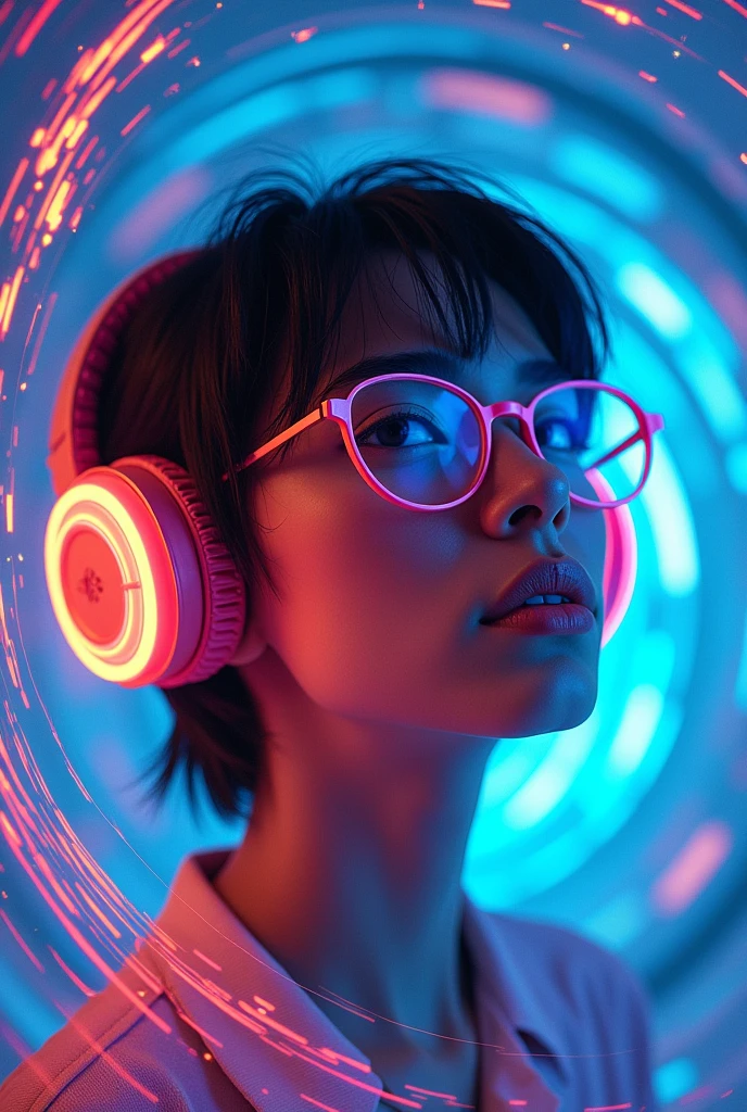 A studio photograph of a vivid and intricate human looking for a down face with headphones and spiral-shaped glasses. The face is surrounded by a burst of colorful and swirling patterns. The background is a mesmerizing blend of neon colours, predominantly blues, pinks, and yellows, creating an ethereal and psychedelic ambience. The swirling patterns emanate from the face, extending outwards, giving the impression of energy or music flowing from the subject.