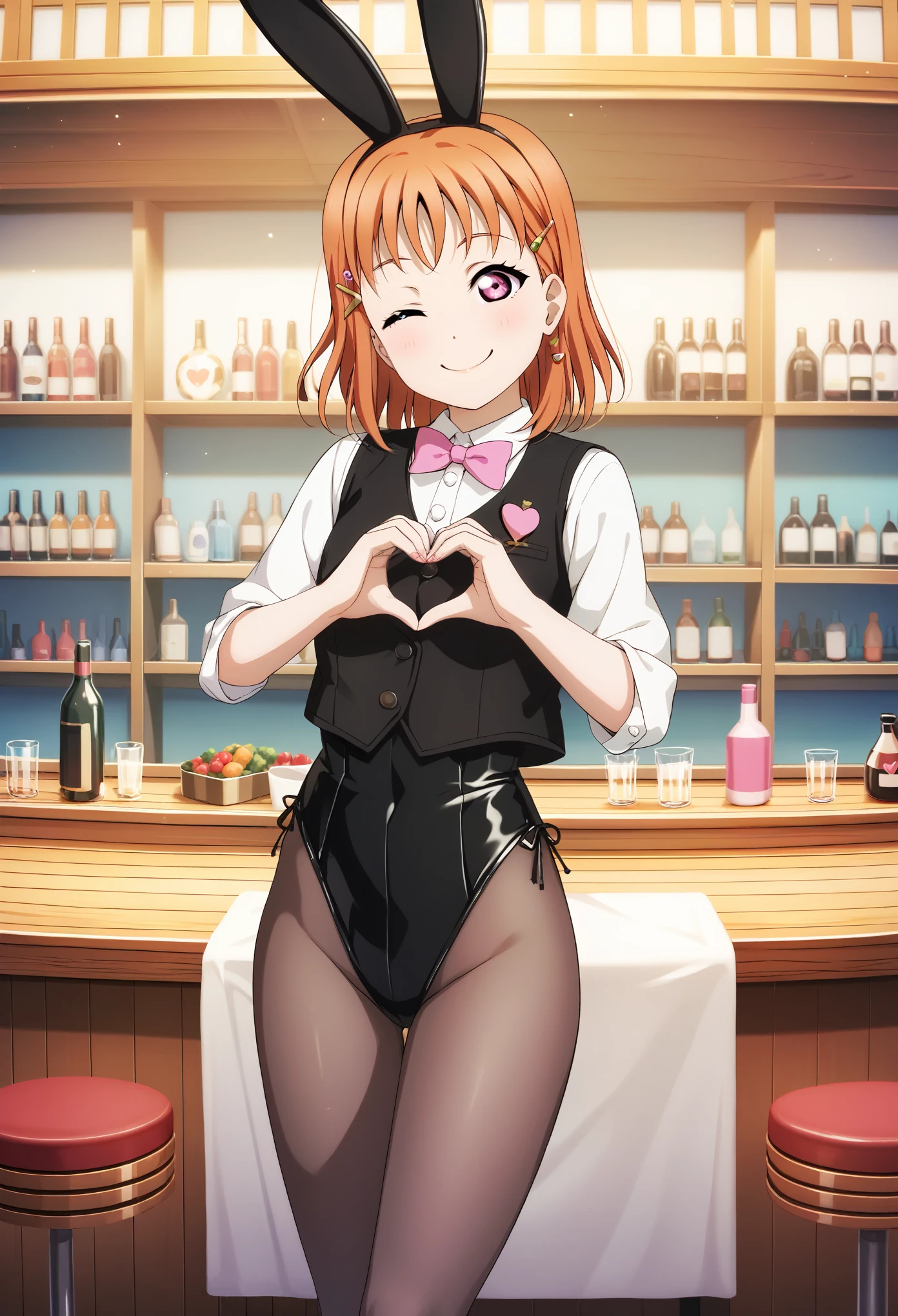 masterpiece, best quality, anime art , takami chika love live , orange hair, medium hair, (pink eyes:1.2), black cropped_vest, black leotard , white shirt, brown pantyhose, rabbit ears , smile ,solo,wink, heart hands,in bar, green hair clip 