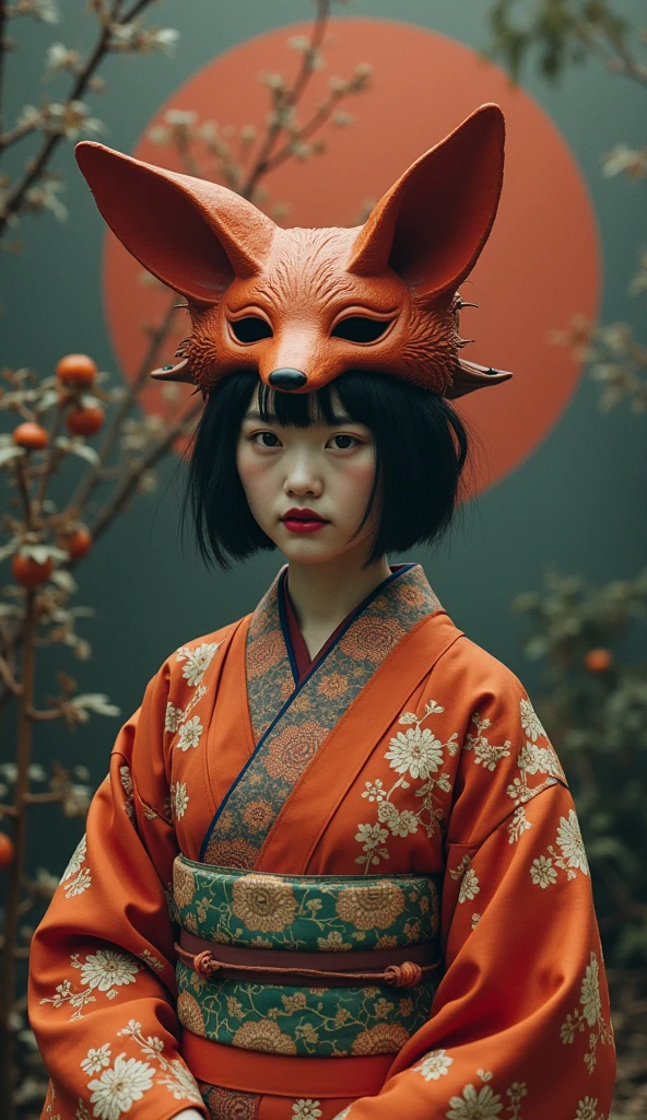 Arafed woman wearing a cat mask with a red light behind her, kitsune mask on head, Con Narrow Mask, kitsune mask, wearing a kitsune mask, Una hermosa mujer Narrow, Geisha cyberpunk, Geisha Mask, Amaterasu, Kabuki Makeup, inspired by Itō Shinsui, Retrato de Onmyoji, Narrow、Android、humanoid、cyborg