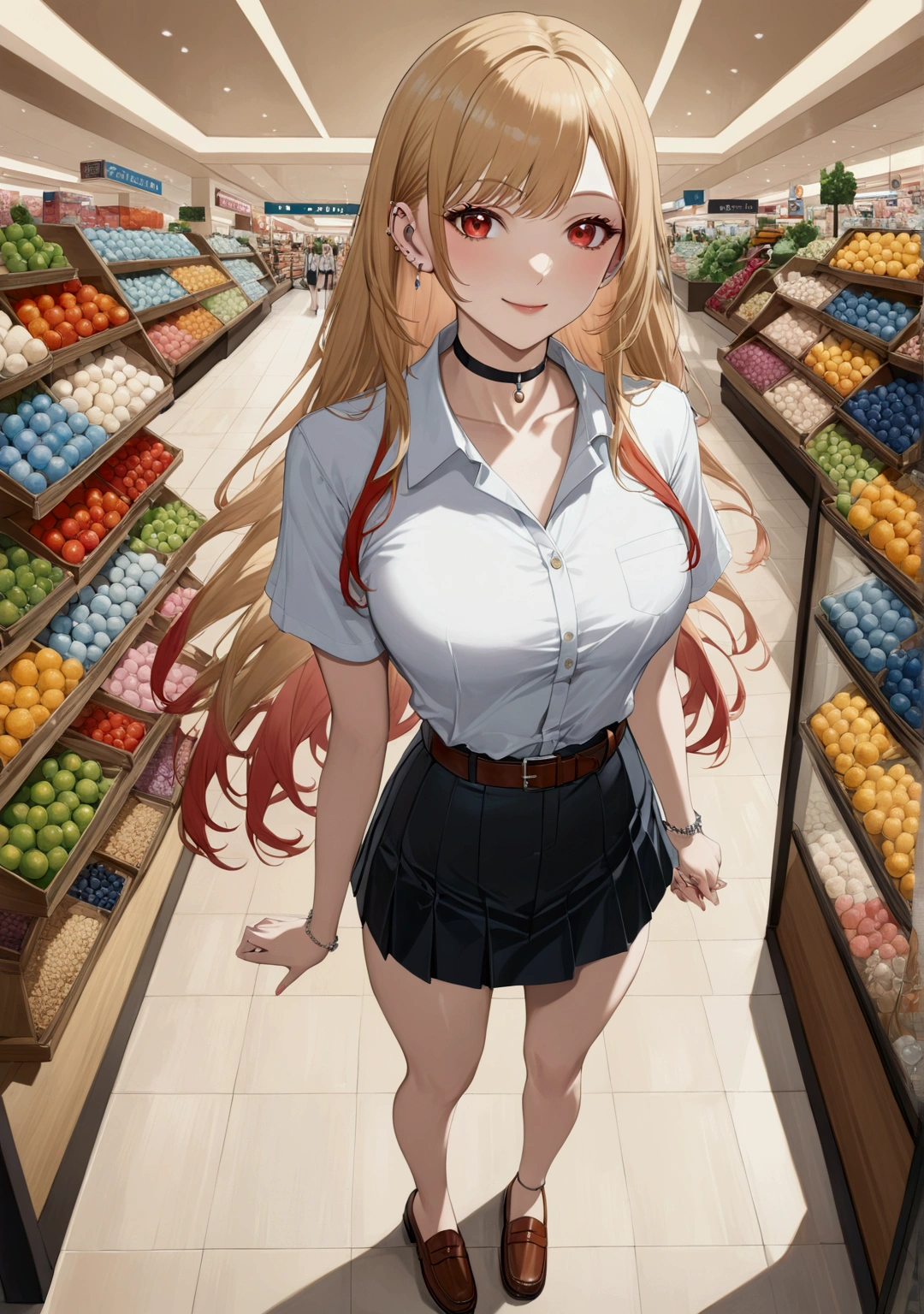 realistic anime illustration of young woman, (kitagawa_marin, blonde_hair, choker, ear_piercing, bangs, jewelry, earrings, very_long_hair, red_eyes, swept_bangs, multicolored hair), smiling at shopping mall, she wearing white short sleeve collared unbuttoned top shirt, black pencil mini skirt with belt, and loafer ((masterpiece:1.2), (best quality:1.2), (very aesthetic:1.2), (absurdres:1.2), (detailed background), intricate details, newest), (1girl, solo, full body), (japanese anime style)