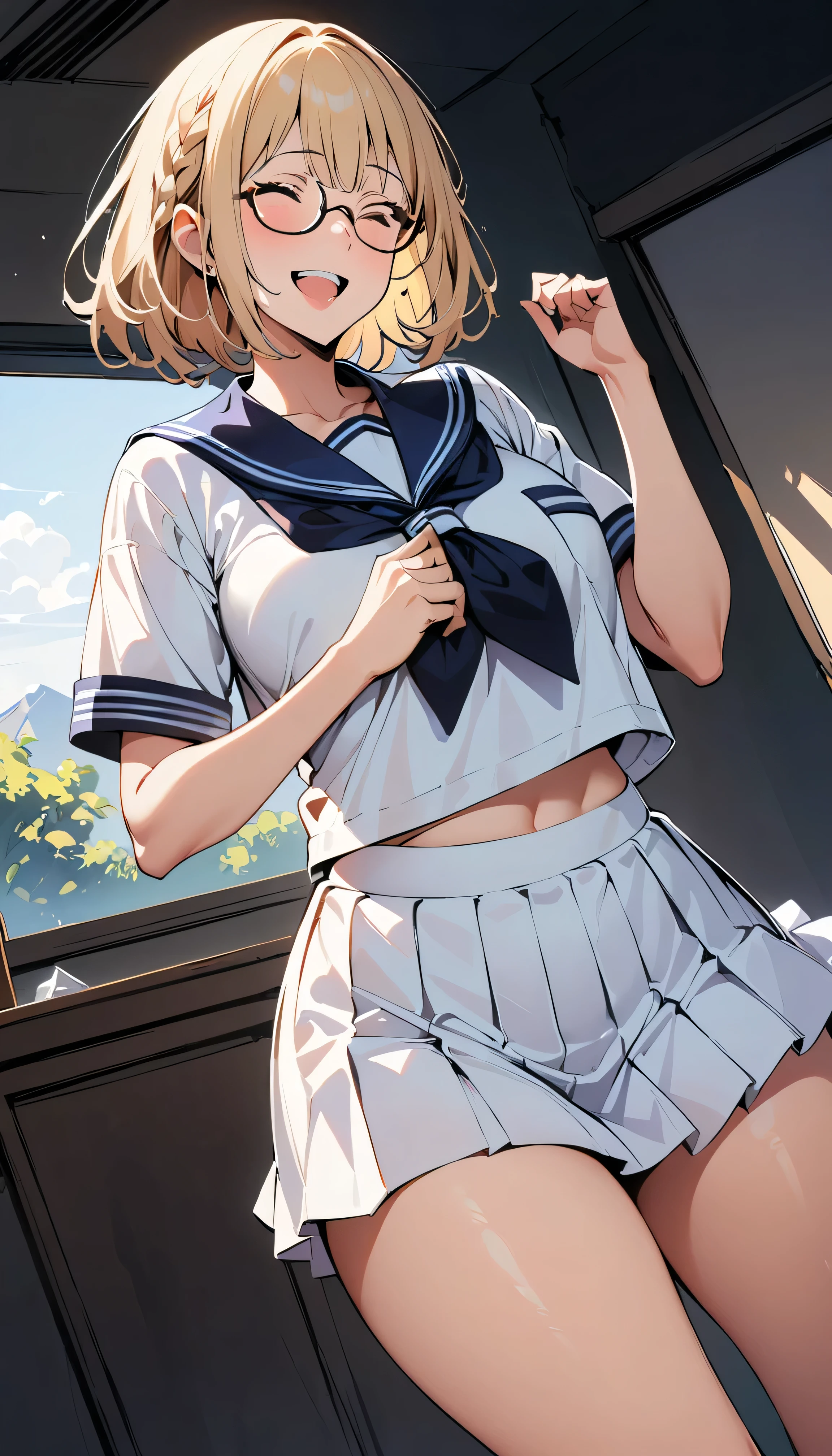 (high quality, 8K, 4k, high contrast, masterpiece:1.2, 最high quality, best aesthetics), (dynamic angle), ((1 female)), erotic, sexy, mature body, JK, , Braid, Glasses, sexyな唇, excited, Chairman, sailor suit:1.2, open your mouth.