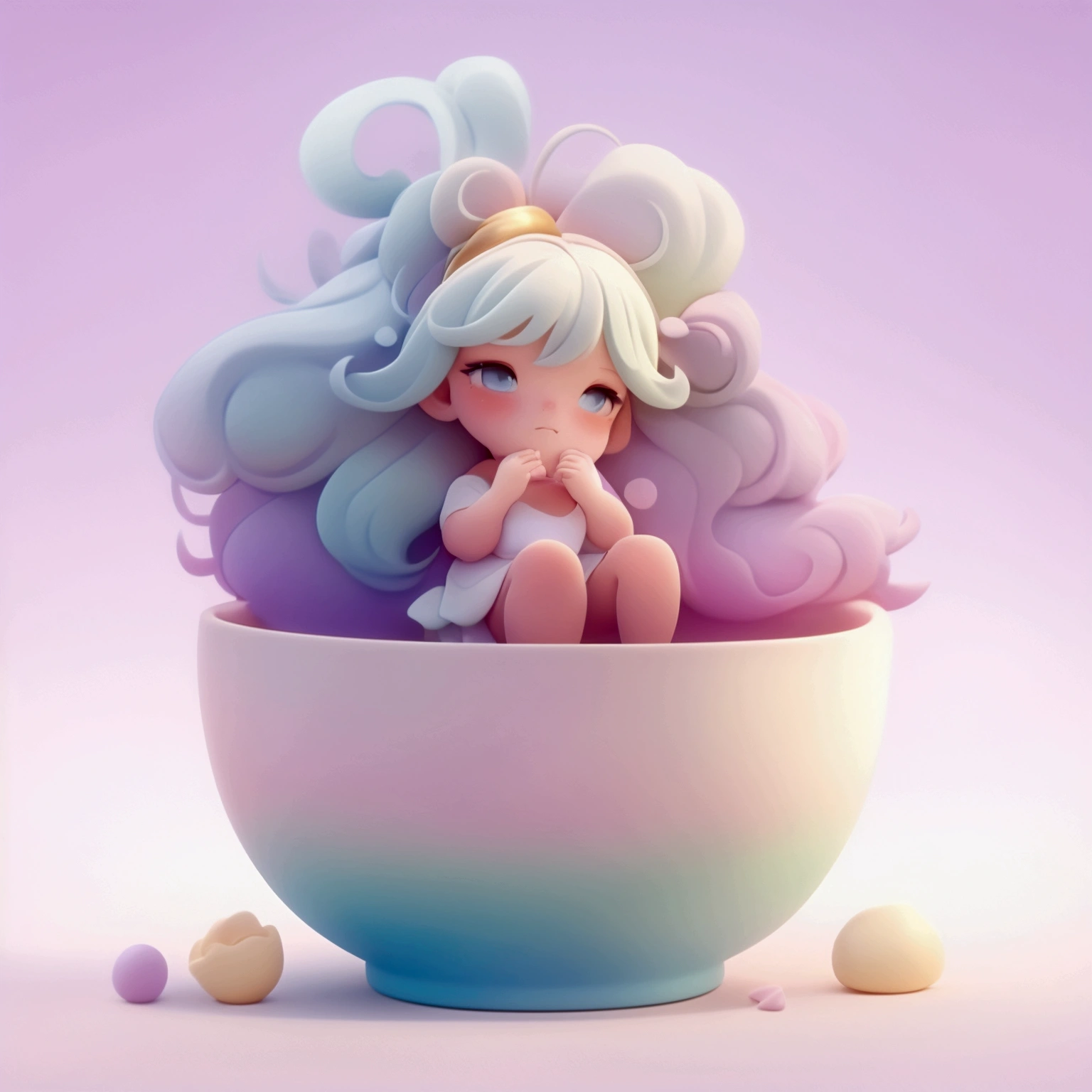 Create an art toy-style character of a  girl sitting inside a round blue and white bowl-like structure. The girl has long, flowing pastel-colored hair, starting from blonde at the top, transitioning into a blue and purple gradient towards the ends. She has a delicate face with large, sad eyes, and is holding a golden piece in her hands. Several golden nuggets are scattered around her and in the bowl. She is wearing a white oversized shirt, a pink skirt, and green socks, with an overall soft and whimsical appearance. The style should be soft and dreamy, with the art toy character looking fragile and sentimental.
