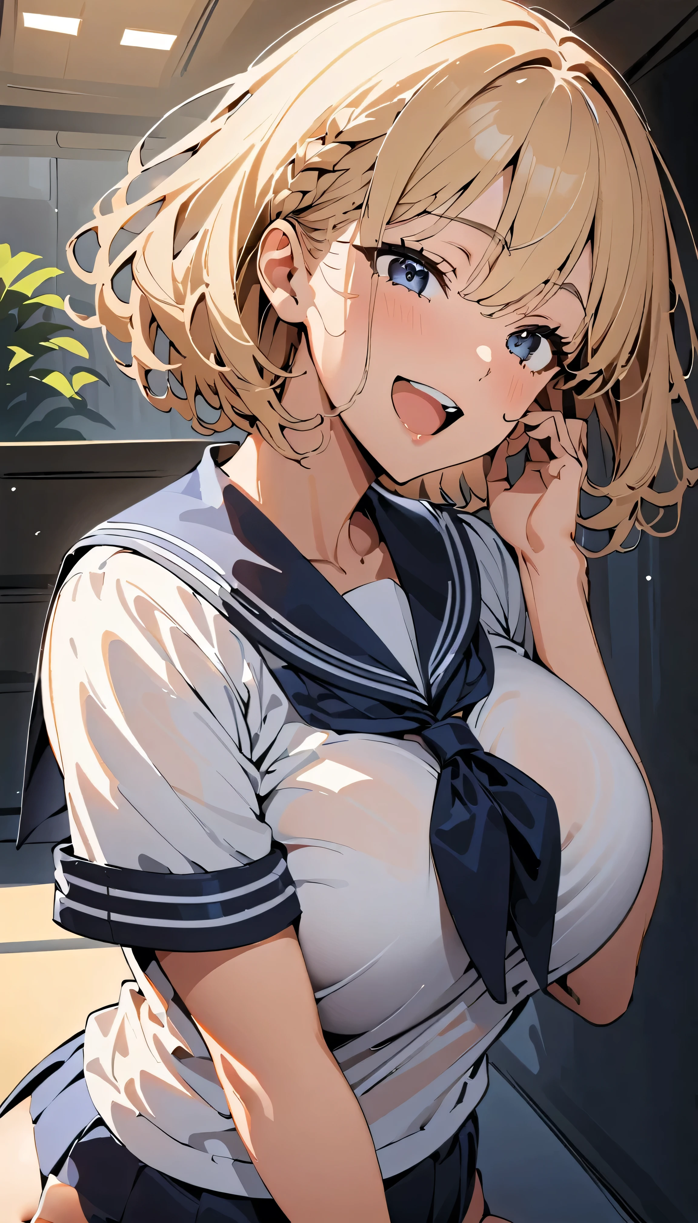 (high quality, 8K, 4k, high contrast, masterpiece:1.2, 最high quality, best aesthetics), (dynamic angle), ((1 female)), erotic, hot sexy, mature body, JK, , Braid, sexyな唇, excited, Chairman, sailor suit:1.2, open your mouth.