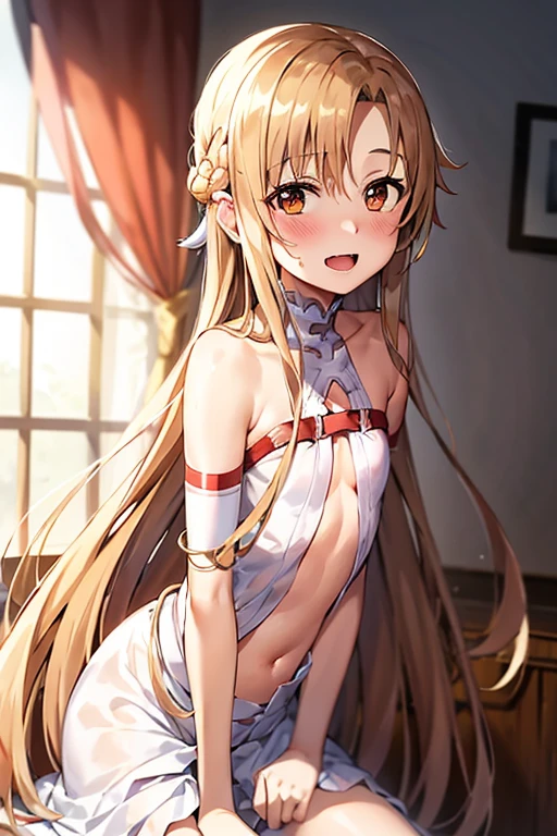 ((Best Quality)), ((masterpiece)), (be familiar with), Perfect Face, indoor, bedroom, Watching the audience,
One woman, Yuuki Asuna,
Open Mouth, Ecstatic expression, blush, smile,
Small breasts, Flat Chest, , , child, Girl,
Long Hair, Long Hair,
Leg spread,