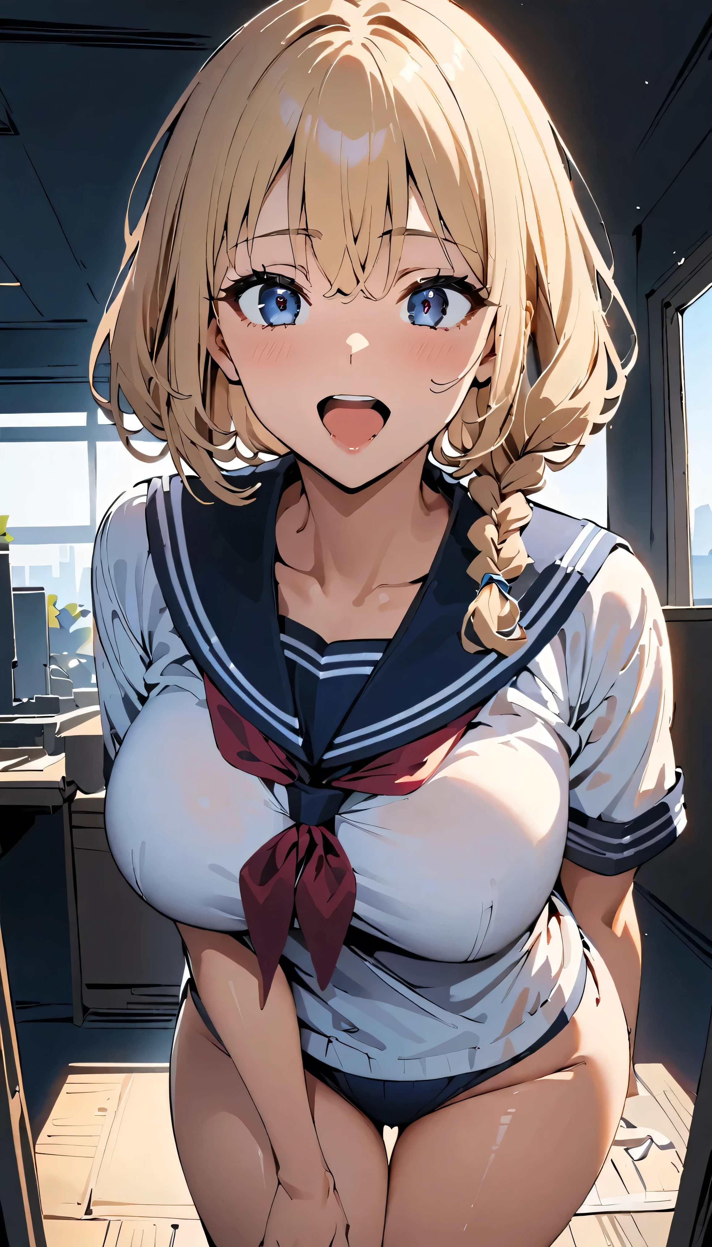 (high quality, 8K, 4k, high contrast, masterpiece:1.2, 最high quality, best aesthetics), (dynamic angle), ((1 female)), erotic, hot sexy, mature body, JK, , Braid, sexyな唇, excited, Chairman, sailor suit:1.2, open your mouth.