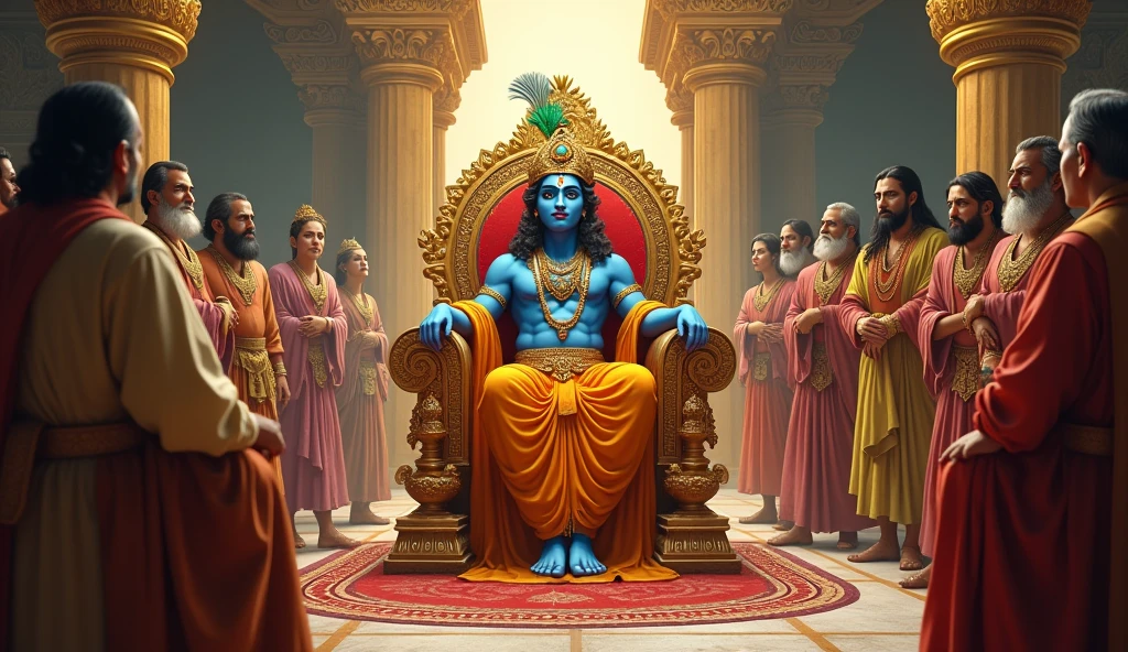 Krishna sitting in Raj gaddi with mantris