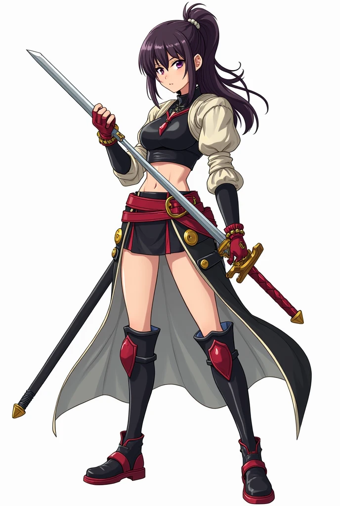 Black haired woman in red armor holding a katana, anime styling