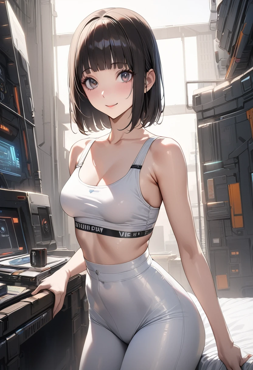 (masterpiece Best Quality, absurderes, Perfect Anatomy, Unity 8k Wallpapers,best cell anime), Detailed beautiful face and eyes,(focus 1woman,solo:1.2),18-year-old beauty、short cut hair,dark brown hair,(smaller head,skinny,medium breasts),(White sports bra, short pants:1.2)、sitting,futuristic bed、cyber punk,