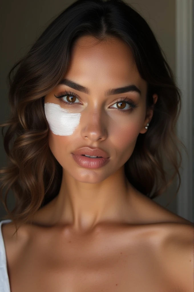a realistic instagram photo of a [ really beautiful exotic androgynous supermodel 19 year old woman] , with [long, dark hair] , looks like [Megan FOX] and [Adriana Lima], light makeup, looking [innocent, cute, flushed] , naked, sperm on her face [light] skin --ar 9:16 --stylize 750 --v 6