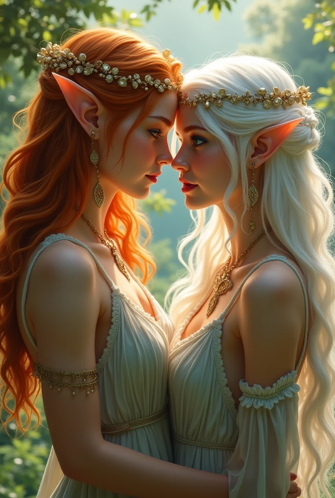 Two beautiful lesbian Elven queens having intimate sex while caressing each other's vaginas, one queen laying in the other's lap, vaginas exposed