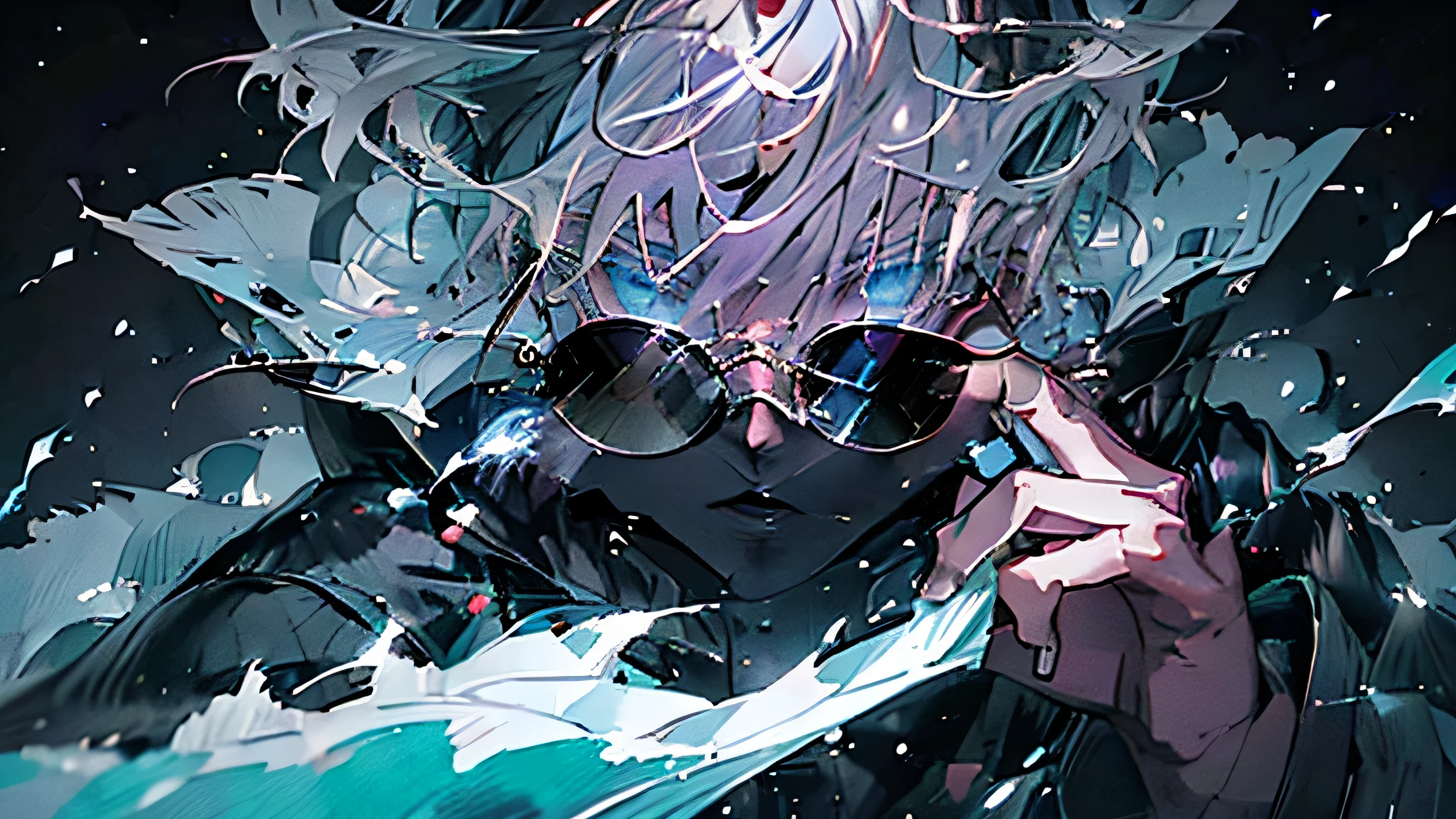 Satoru gojo, using black robes, male character, white hair, shining blue eyes, jujutsu Kaisen character, using his signature hollow purple technique, close up take, portrait take, full hd, 4k, intrincated, dinamic lights, professional digital draw.