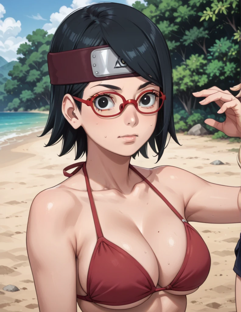 , source_anime,
saradauchiha, sarada uchiha, short hair, black hair, black eyes, red-framed eyewear, glasses, swept bangs,
big tits, bikini 