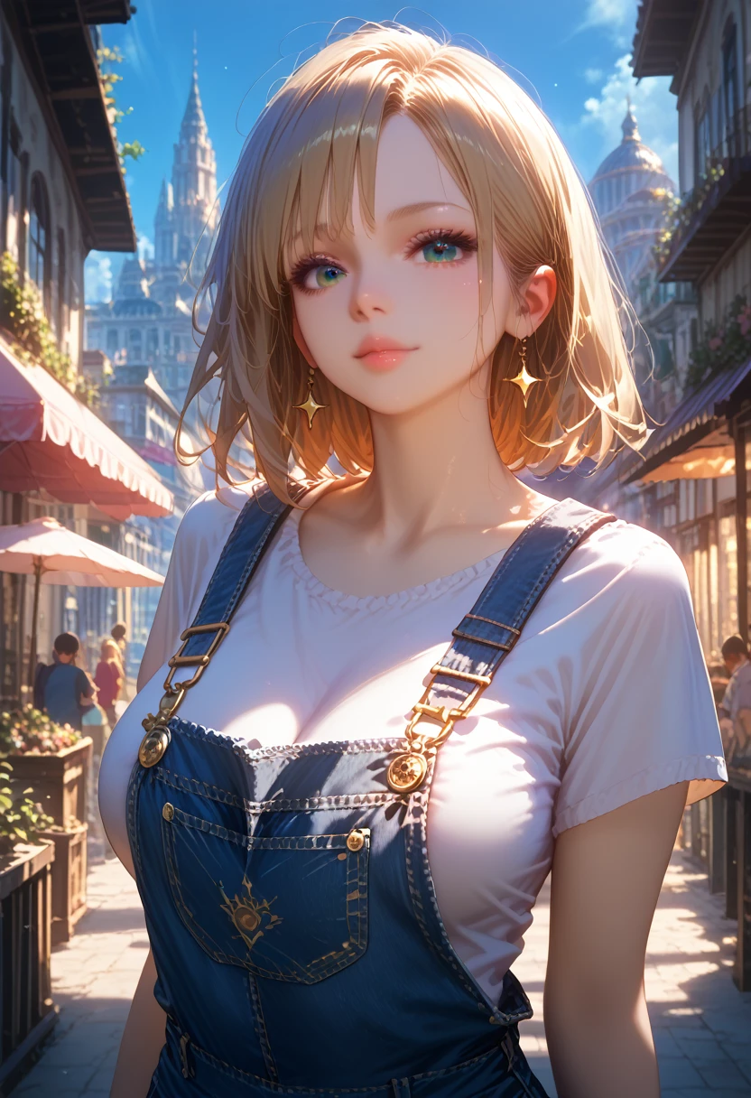 girl alone, Very Beautiful with a Perfect Figure, Eyes with Shadows,  dressed in overalls, masterpiece, Detailed City Background with Beautiful Lighting, Detailed Shine, sparkles, warm colors, Maximum Image Quality, core_9, score_8_up, score_7_up