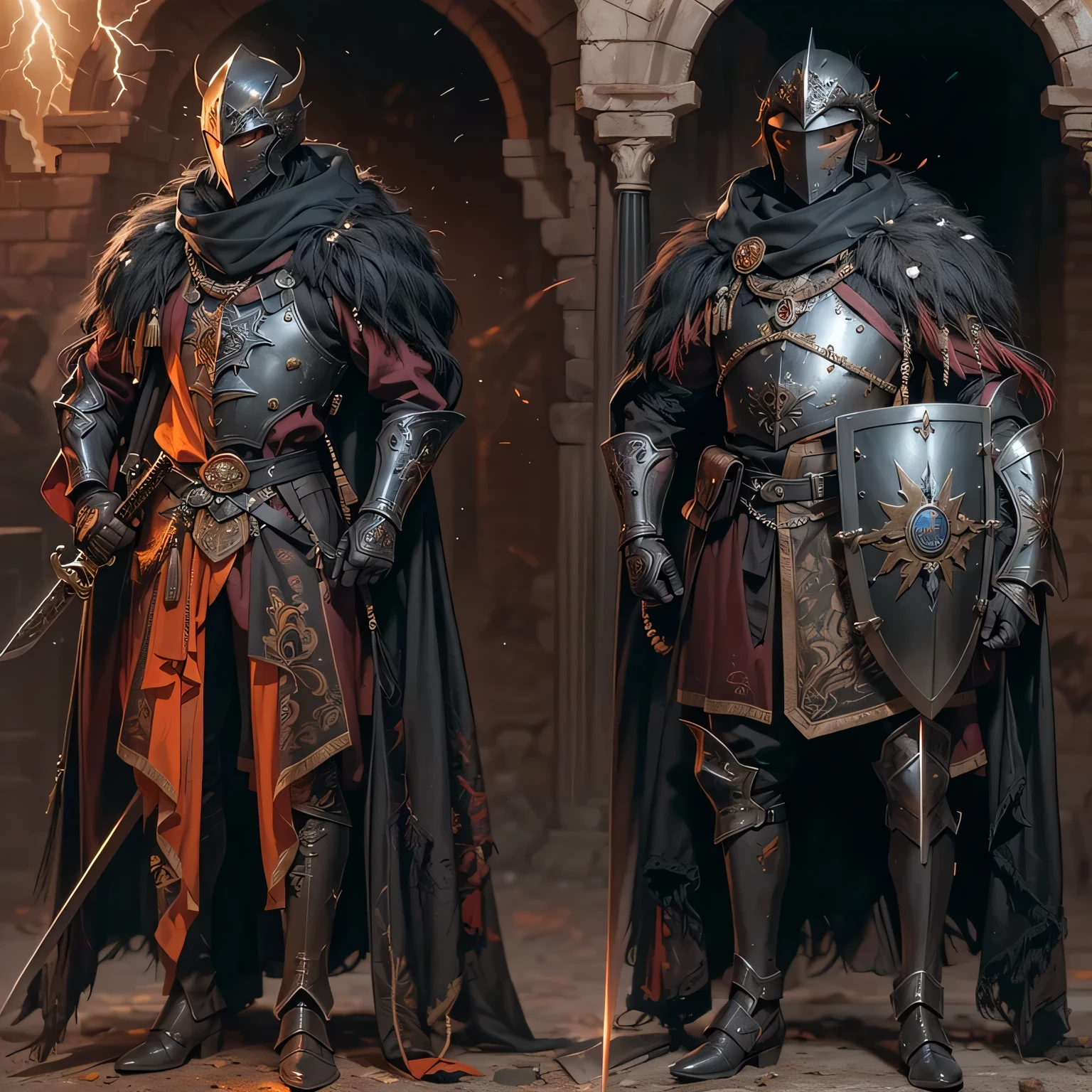 Two men in armor standing next to each other in front of a building ...