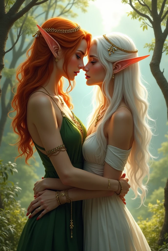Two Red-haired Elf girls with freckles are kissing against the backdrop of a forest in a tattoo and they are naked In Viking clothes
