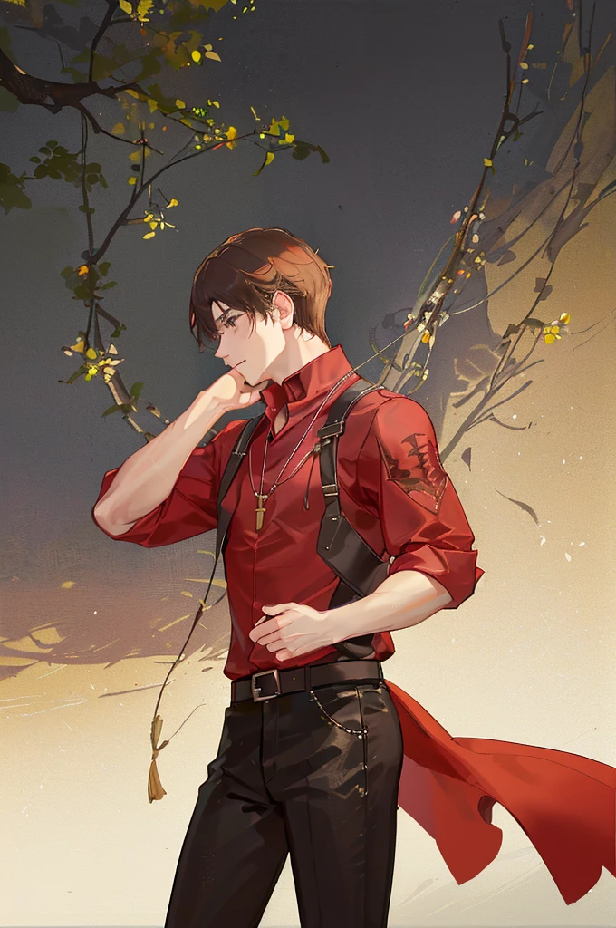 ((A man wearing a plain red short-sleeved T-shirt)),(Man wearing leather pants),Light brown short hair,masterpiece、Best Quality、Real、1 person、Male Focus、Male Model、good looking、Mouth closed、Portrait、Highly detailed face、Night Sky、Simple Background、profile、Watching the audience、Lily of the valley field、Men only、Men 4K Wallpaper、Big Eyes,