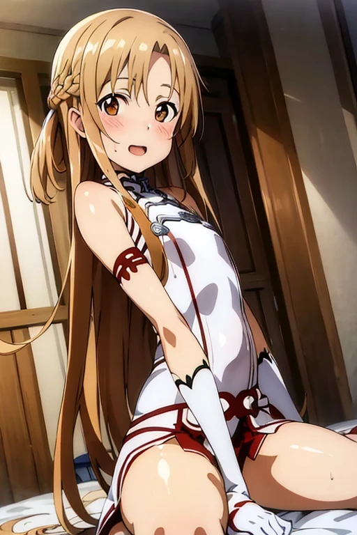 ((Best Quality)), ((masterpiece)), (be familiar with), Perfect Face, indoor, bedroom, Watching the audience,
One woman, Yuuki Asuna,
Open Mouth, Ecstatic expression, blush, smile,
Small breasts, Flat Chest, , , , Girl,
Long Hair, Long Hair,
Leg spread,