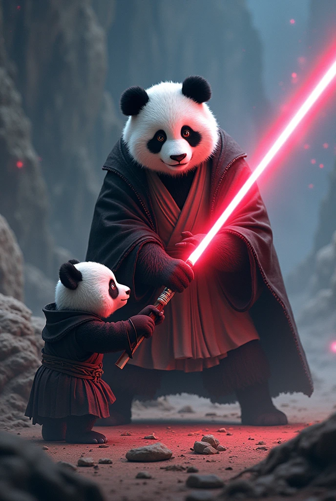 (Very detailed 8k wallpaper), close-up of Jedi, a panda holding a lightsaber, black hooded cape