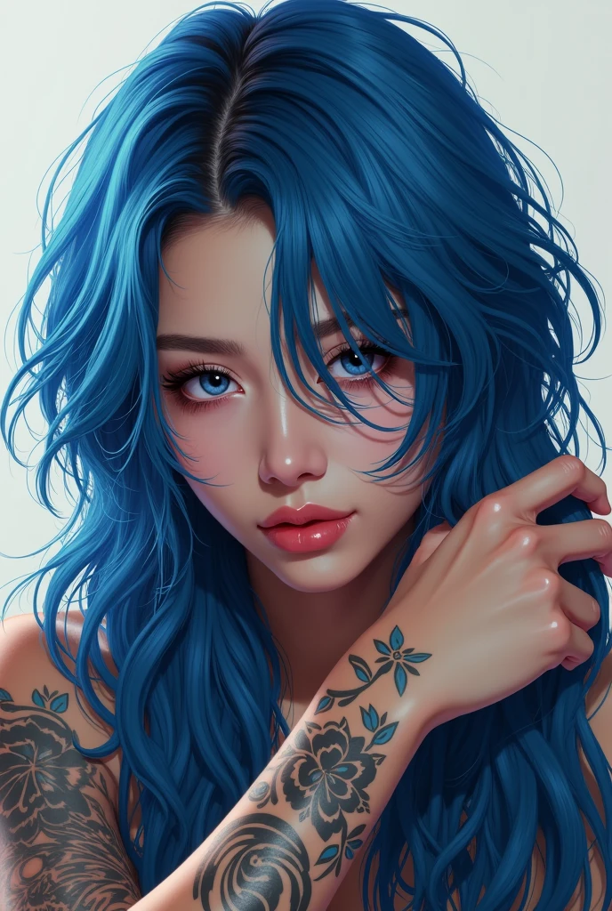 Eve, Young woman, Gothic style , thin long blue hair, blue colored eyes. wearing a black tank top, miniskirt and fishnet tights. is crying. hand on face. Runny mascara. 