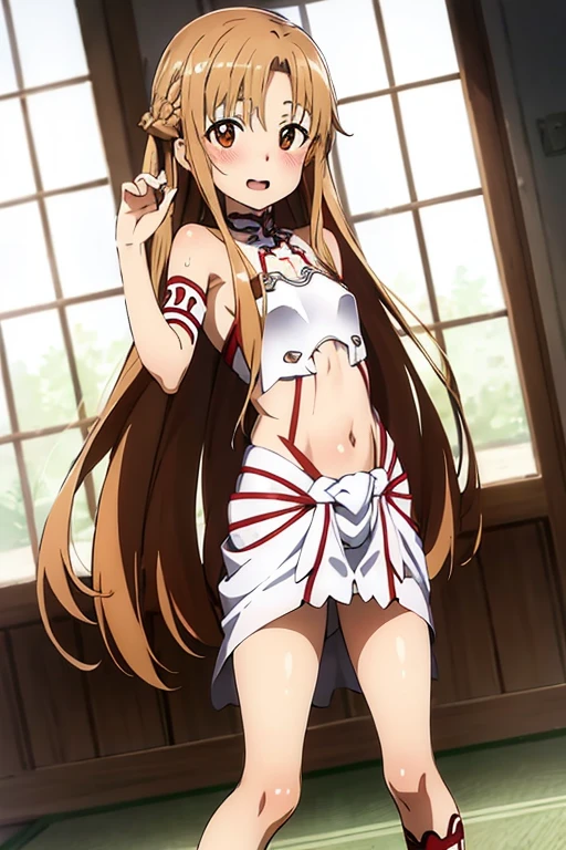 ((Best Quality)), ((masterpiece)), (be familiar with), Perfect Face, indoor, bedroom, Watching the audience,
One woman, Yuuki Asuna,
Open Mouth, Ecstatic expression, blush, smile,
Small breasts, Flat Chest, , , child, Girl,
Long Hair, Long Hair,
Leg spread,