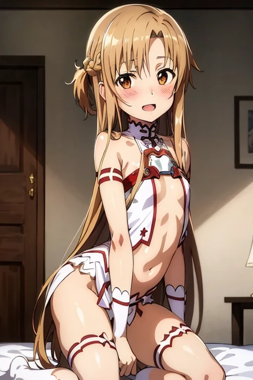 ((Best Quality)), ((masterpiece)), (be familiar with), Perfect Face, indoor, bedroom, Watching the audience,
One woman, Yuuki Asuna,
Open Mouth, Ecstatic expression, blush, smile,
Small breasts, Flat Chest, , , child, Girl,
Long Hair, Long Hair,
Leg spread,